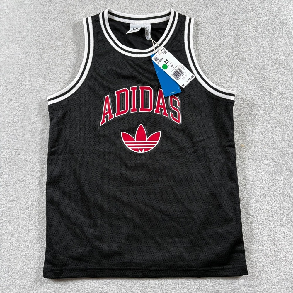 Adidas Jersey Tank Top Boys Medium Black Trefoil‎ Logo Mesh Lined Round Neck